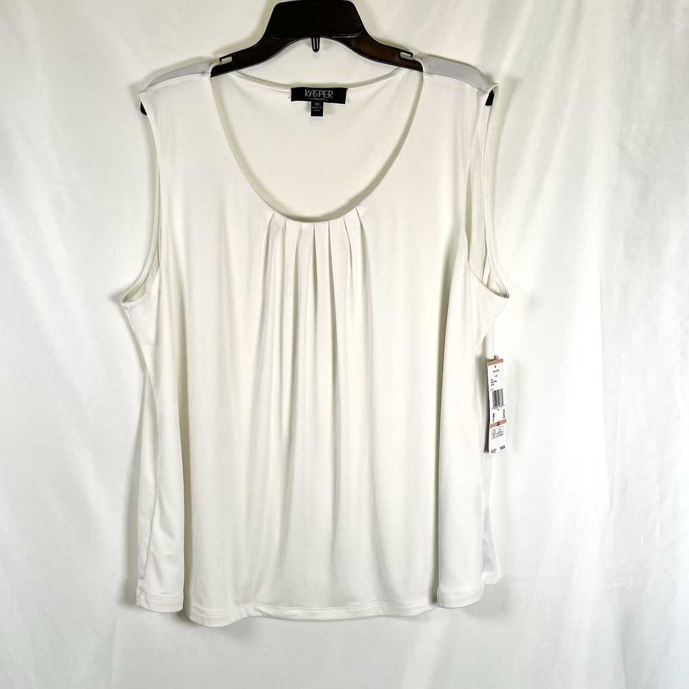 Kasper Tank Top Womens 3X White Scoop Neck Pleated Front Plus Basic Shell‎ NWT